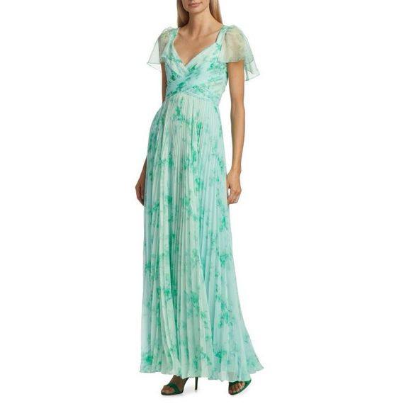 THEIA Alani Pleated Flutter-Sleeve Gown - Picture 1 of 10